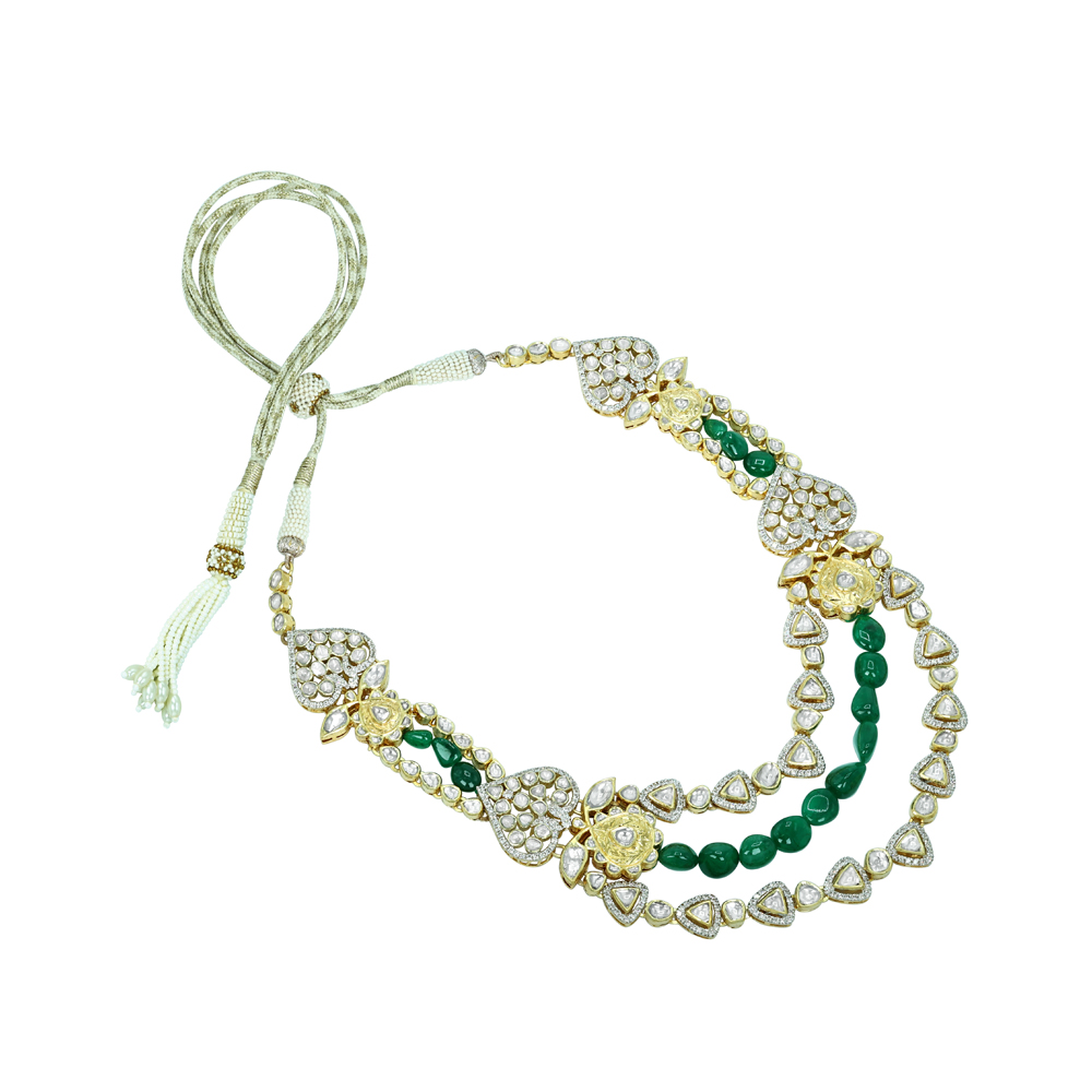 Layered Polki Necklace with Emerald Maniya and Floral Motifs